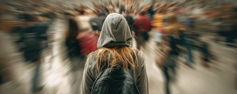 Woman in hooded jacket with backpack faces blurred crowd, conveying isolation
