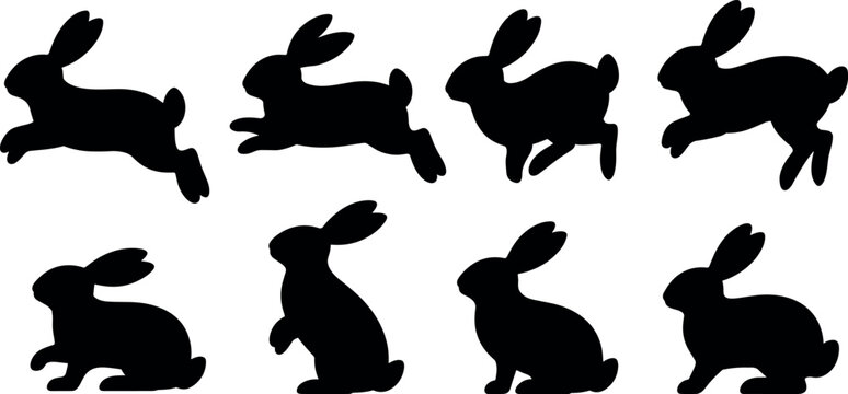 Black rabbit silhouettes set with jumping running and sitting bunny positions monochrome vector illustration isolated on white background