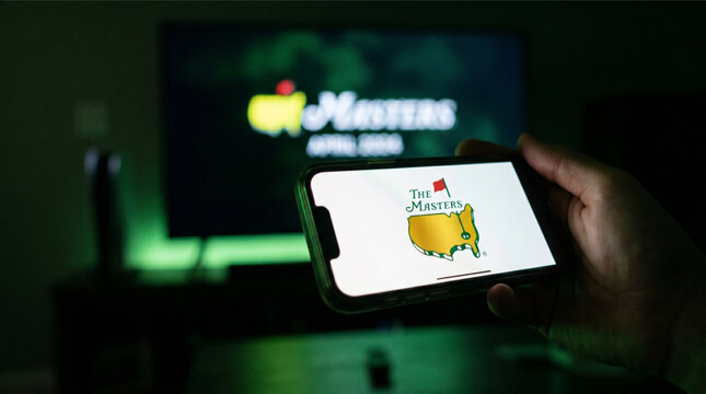 Person holding a smartphone displaying The Masters golf logo in front of a television broadcasting the tournament. Mobile app streaming, live sports coverage, fan engagement, home viewing event.