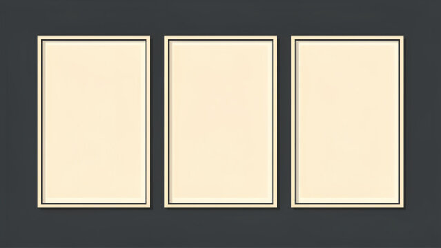 Empty beige picture frames with black borders arranged side by side on a dark background