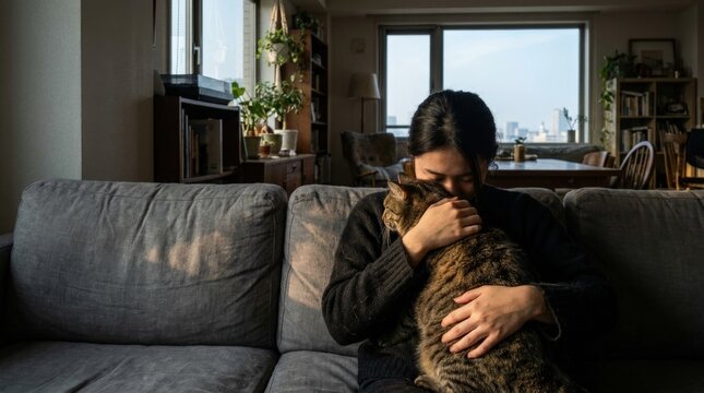 Person cuddling a tabby cat on sofa in sunlit home