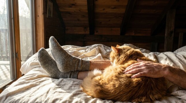 Cozy morning cuddle with ginger cat on sunlit bed