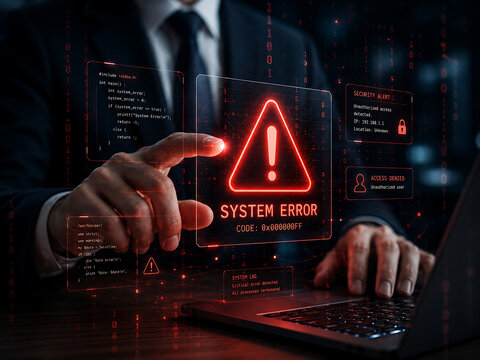 Cybersecurity breach concept system error with warning sign and binary code