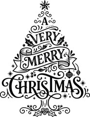 Obraz premium A very merry christmas tree illustration with decorative text and ornaments isolated on white background