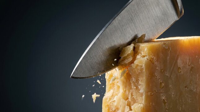 Close-up of knife cutting parmesan cheese with crumbs flying