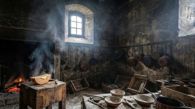 Old stone kitchen with hanging pots and smoky hearth light