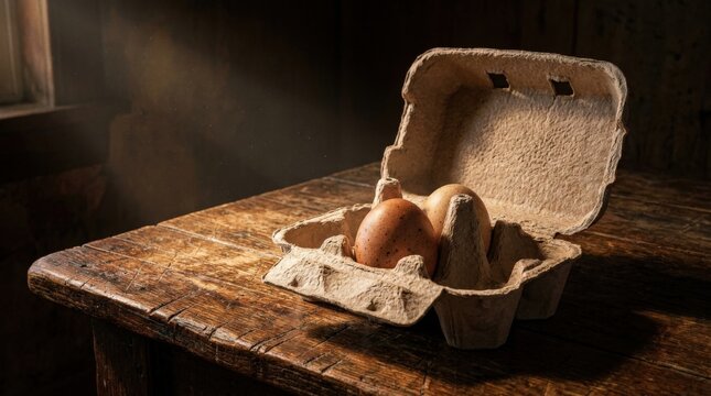Rustic eggs in open carton on wooden table in sunbeam