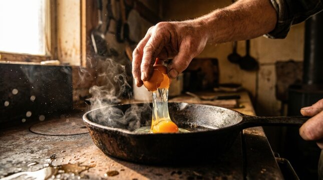 Rustic cooking: cracking egg into hot cast iron skillet