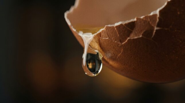 Close-up of raw egg dripping from cracked shell macro