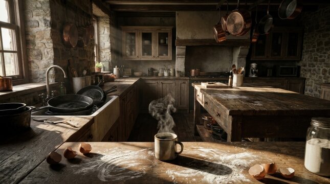 Rustic farmhouse kitchen with wooden table and copper pots