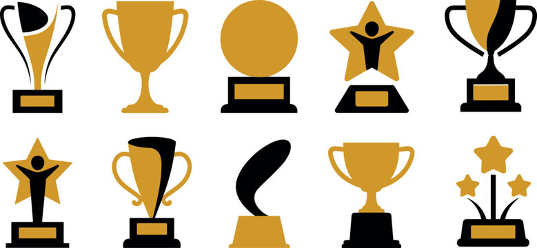 Gold trophy cup and award icon set with star plaques and championship prize shapes flat vector illustration isolated on white background