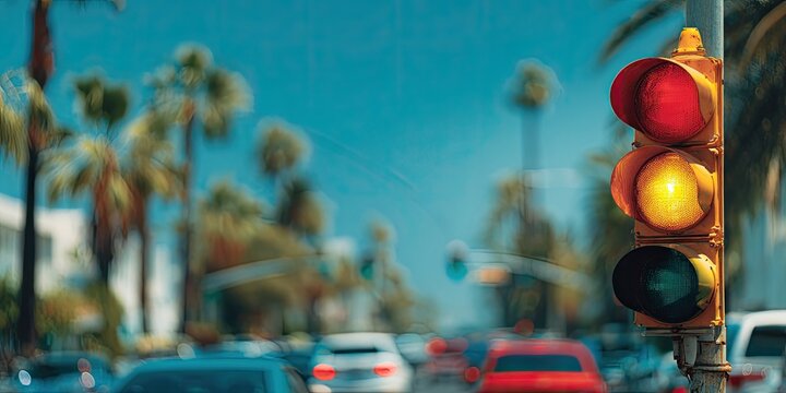 Busy street with traffic lights showing red and yellow, palm trees, and cars