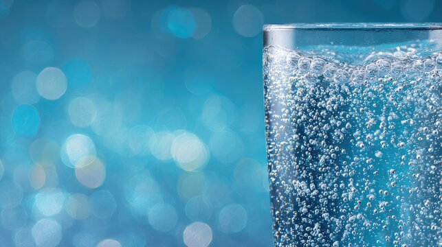 Clear glass filled with bubbling water and a sparkling blue background