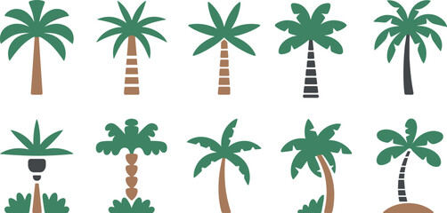 Tropical palm trees vector collection with various exotic plant shapes and trunks flat icon illustration isolated on white background © MdAbdur