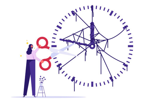 Time allocation, manage limited time to optimize outcome concept, confusion and messy work hours in office, businesswoman use scissors to cut controlled strings on clock metaphor of time management
