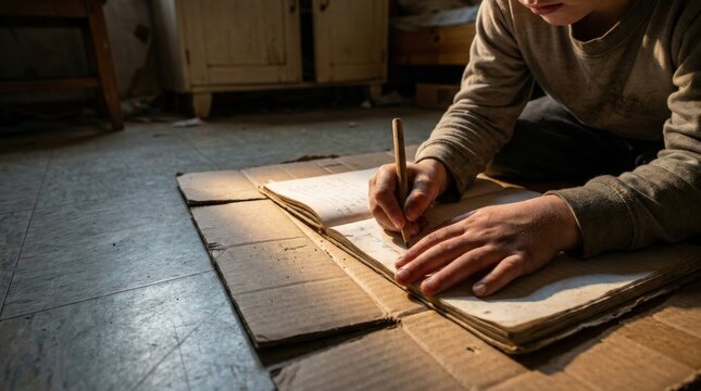 Child studying on cardboard floor amid housing crisis