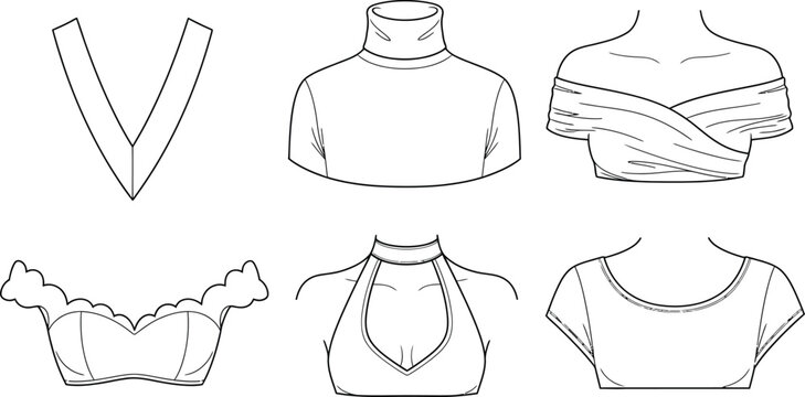Fashion illustration set of womens diverse necklines and bodice styles presented as outline vector elements for apparel design and pattern making