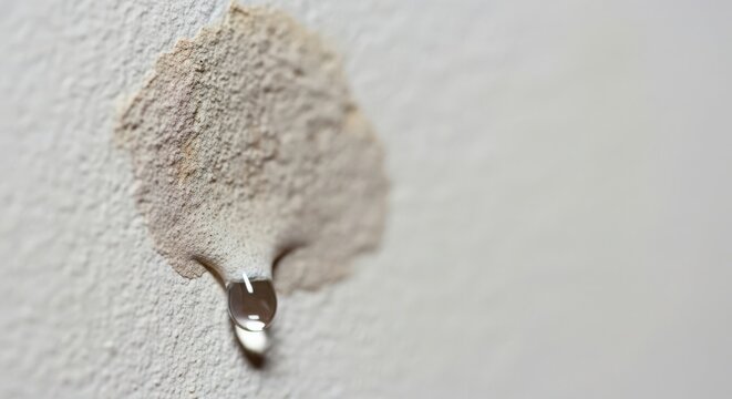 Water drop on damaged wall surface with mortar texture revealing base layer, showing moisture intrusion on interior wall. Water drop reflects light, indicating possible leak issue on wall surface.