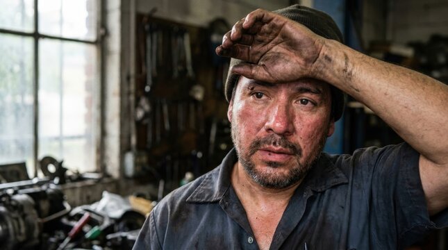 Exhausted mechanic wiping brow in gritty auto garage