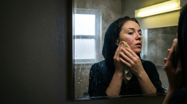 Defiant young woman washing off heavy makeup in bathroom