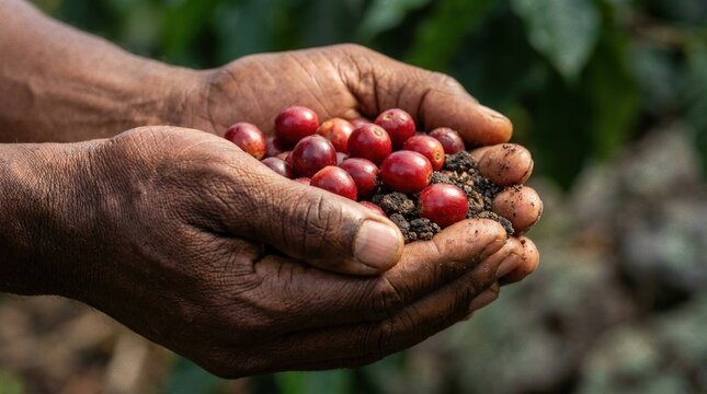 Closeup of manual labor hands holding raw coffee harvest