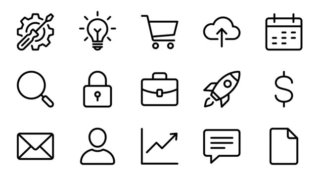 Collection of Business and Technology Icons in Outline Style.