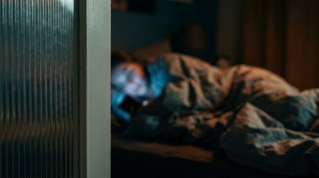 Lonely woman in bed lit by smartphone screen at night