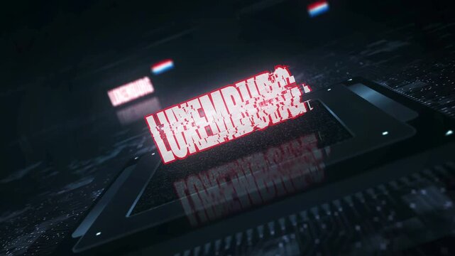 Luxemburgish flag on computer cpu. Lux banner digital and cyber technology concept animation with glitch.