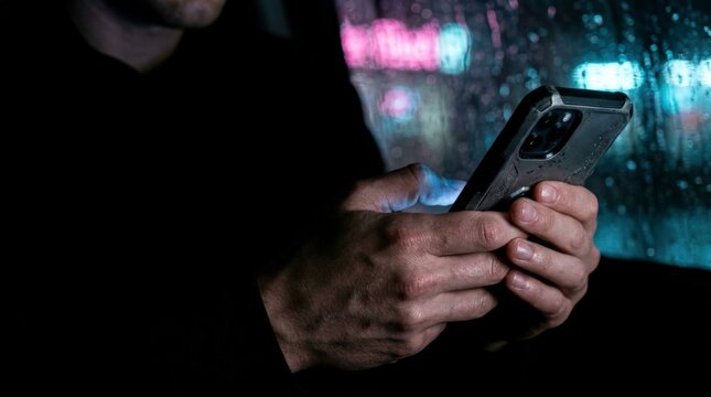 Man using smartphone by rainy window with city lights