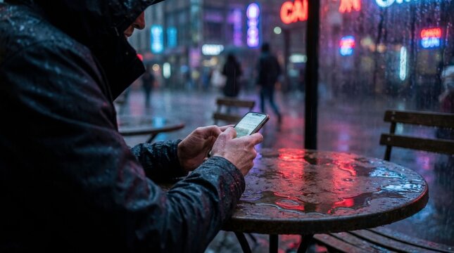 Lonely person checks a smartphone in rainy city cafe at night