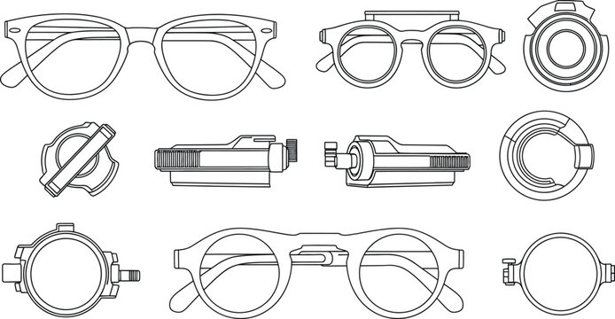 Set of line art vector illustrations depicting eyeglasses and various optical testing equipment components ideal for ophthalmology and optometry educational materials