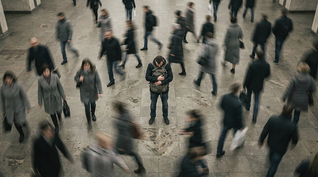 Overwhelmed person in crowded station with motion blur