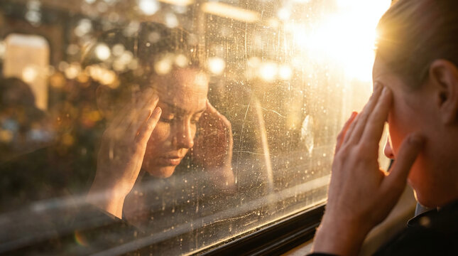 Stressed commuter facing sensory overload anxiety on transit