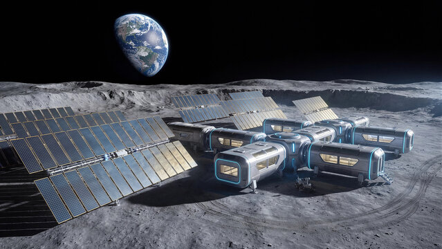 Futuristic Lunar Base With Solar Panels and Modular Pressurized Habitat Units on the Moon Surface With Earth in the Background for Space Colonization and Exploration Concepts