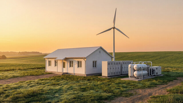 Off Grid Rural Home With Wind Turbine, Battery Energy Storage System and Gas Pressure Tanks Providing Fully Independent Renewable Power Supply in an Open Rural Field Landscape