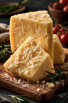 Rustic Parmesan cheese wedges with rosemary on board