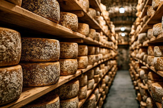 Aged cheese wheels ripening on wooden shelves in cellar