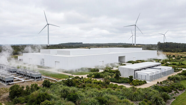 Wind Powered Sustainable Data Center With Large Scale Battery Storage, Industrial Cooling Systems, and Steam Venting Surrounded by Landscaped Gardens in a Remote Rural Setting