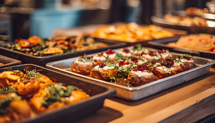 Obraz premium A close-up shot of a tray of food on a table, perfect for showcasing dishes in restaurants or cafes