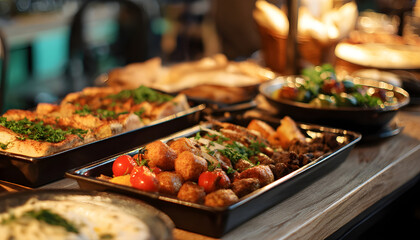 Obraz premium A close-up shot of a tray of food on a table, perfect for showcasing dishes in restaurants or cafes