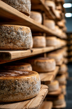Aging cheese wheels on wooden shelves in cellar racks