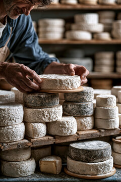 Artisan checking aging cheese wheels in rustic cellar