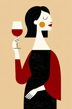 Elegant woman holding red wine glass in minimalist style
