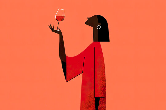 Minimal illustration of woman holding wine glass on coral