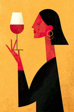 Stylish woman tasting red wine in modern flat illustration