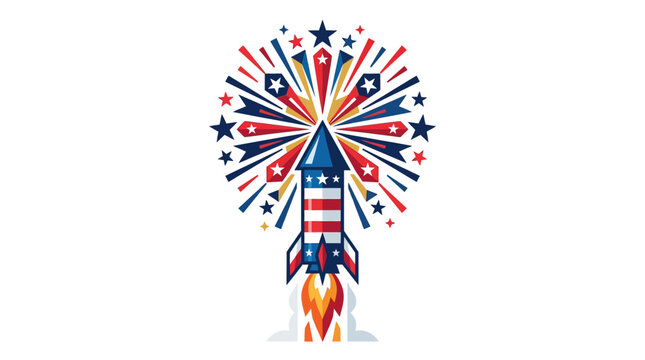 A rocket with an American flag design explodes in a colorful firework display of red, white, and blue stars and lines.