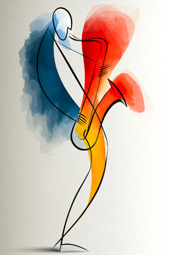 Abstract watercolor line art of modern dancing couple embrace
