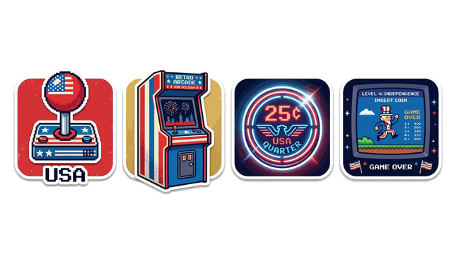 Retro arcade game pins display with joystick, cabinet, quarter, and screen.