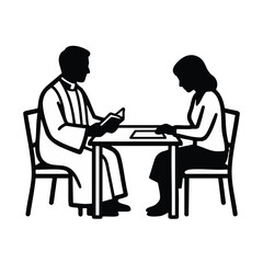 Obraz premium Coordinating funeral with clergy vector illustration. Woman meeting with priest for pastoral counseling. Black and white silhouette graphic isolated on transparent background