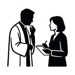 Obraz premium Coordinating funeral with clergy vector illustration. Woman taking notes during meeting with priest. Black and white silhouette graphic isolated on transparent background